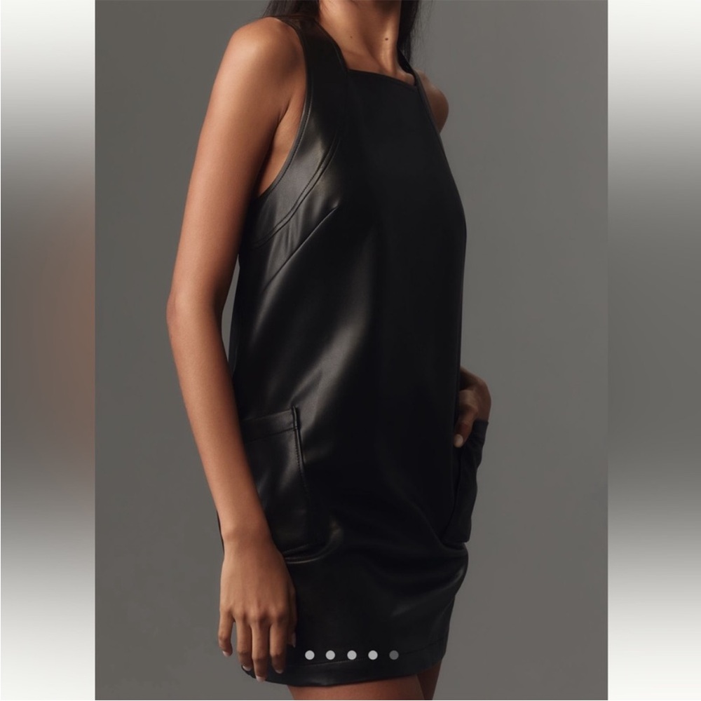⭐️ NEW Maeve Anthropologie Small Black Faux Leather Mini Dress With Pockets - Picture 2 of 13